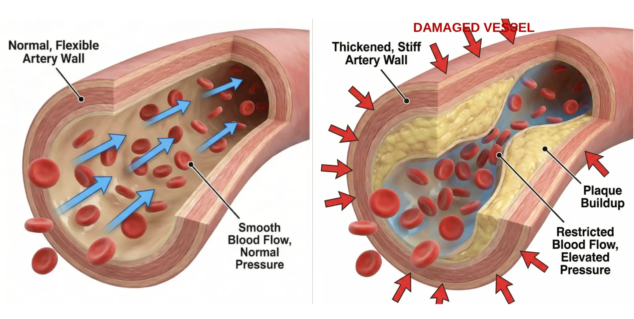 Medical diagram showing healthy vs. damaged artery cross-sections