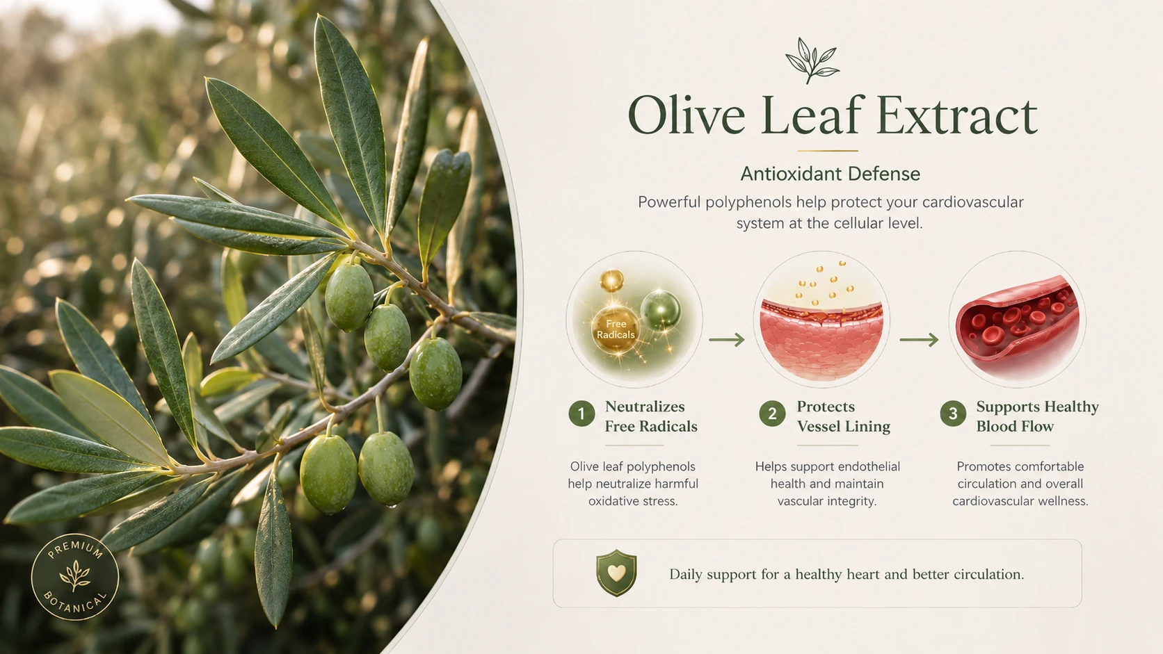 Olive leaf extract ingredient infographic — antioxidant defense, supports healthy blood vessels and circulation